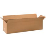 Against a white background, an empty long rectangular brown MH-USA 32 x 8 x 8 corrugated cardboard box with partially open flaps is shown. It’s part of the MH-USA 32 x 8 x 8 Long Corrugated Boxes (25/Bundle) set.
