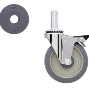 A gray rubber caster wheel with a metallic bracket on the right. A flat rubber disk with a hole in the center, matching the wheels color, is positioned on the left. Both appear on a white background.