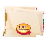 Two beige Smead TUFF Laminated End Tab Fastener Folders are shown. One open folder has a TUFF Reinforcement label, and tabs with red JUL and green CAR labels. These folders, featuring metal fasteners, showcase the products durability.