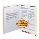 The Smead End Tab Fastener File Folder (34115) in manila, with reinforced straight-cut tabs labeled Tab Reinforced To Last Longer, holds two pages and has colored tabs visible at the bottom. It includes two fasteners and comes 50 per box, letter size.