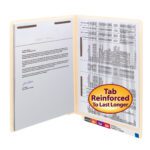 A Smead End Tab Fastener File Folder with two prongs holds a letter/chart. It reads Tab Reinforced To Last Longer, featuring color-coded tabs and a durable Shelf-Master? reinforced straight-cut tab. Model: Manila, Letter Size, 50/Box (34120).