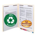 A beige folder displays documents with a green 100% Recycled Stock symbol and a yellow label, Tab Reinforced To Last Longer. The Smead End Tab 100% Recycled Fastener File Folder, Manila (34160), shows color-coded tabs visibly at the bottom right.