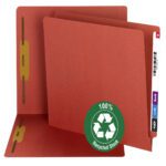 The red Smead 100% Recycled End Tab Fastener File Folder (34171) is displayed open, revealing its interior and reinforced straight-cut tab with colored labels. A circular green badge reads 100% Recycled Stock, featuring a recycling symbol to emphasize its eco-friendly nature.