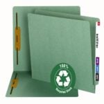 The Smead 100% Recycled End Tab Fastener File Folder (34172) is shown open and closed, featuring a 100% Recycled Stock emblem. The green folder has colored tabs for organization, making it perfect for keeping your documents organized and eco-friendly.