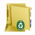 The Smead 100% Recycled End Tab Fastener File Folder, Shelf-Master Reinforced Straight-Cut Tab, Yellow (34173) is shown with metal fasteners exposed. A green 100% Recycled Stock badge and recycling symbol are prominently displayed on a white background, highlighting its eco-friendly attributes.