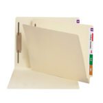 The beige Smead End Tab Fastener File Folder (34210) with a reinforced straight-cut tab is open, revealing color-coded tabs A, C, and K along with February labels. It includes prongs to securely organize papers inside.