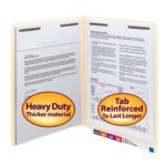 An open Smead End Tab Fastener File Folder from the Shelf-Master? Reinforced Straight-Cut Tab collection displays two documents, with bold tags Heavy Duty Thicker Material on the left and Tab Reinforced To Last Longer on the right.