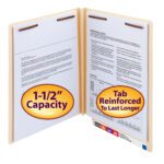 Smead End Tab Fastener File Folder (34276) in manila with a reinforced straight-cut tab and 1-1/2” capacity. Comes with 2 fasteners, letter size, 50 per box; features durable tabs and large circular labels.