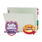 The Smead End Tab Pressboard Fastener File Folder in gray/green, model 34705, features SafeSHIELD fasteners, a 1-inch expansion for letter-sized documents, and is labeled with A, C, K, and FEB. It includes yellow and red labels highlighting its capacity.
