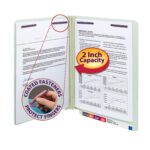 An open Smead End Tab Pressboard Fastener File Folder with SafeSHIELD? reveals documents. A circular inset says Coated Fasteners Protect Fingers, and a label reads 2 Inch Capacity. Colorful tabs line the bottom edge of this letter-sized, gray/green folder.