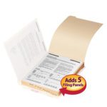 The Smead Folder Divider with Fastener, featuring a bottom 1/5-cut tab, holds multiple beige panels for documents. A red and yellow label reads Adds 5 Filing Panels, making it ideal for organizing letter-size papers efficiently. Comes in a manila finish, 50 per pack (35600).