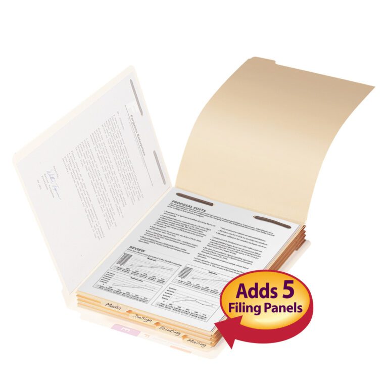 35600_C1_2.jpg The Smead Folder Divider with Fastener, featuring a bottom 1/5-cut tab, holds multiple beige panels for documents. A red and yellow label reads Adds 5 Filing Panels, making it ideal for organizing letter-size papers efficiently. Comes in a manila finish, 50 per pack (35600).