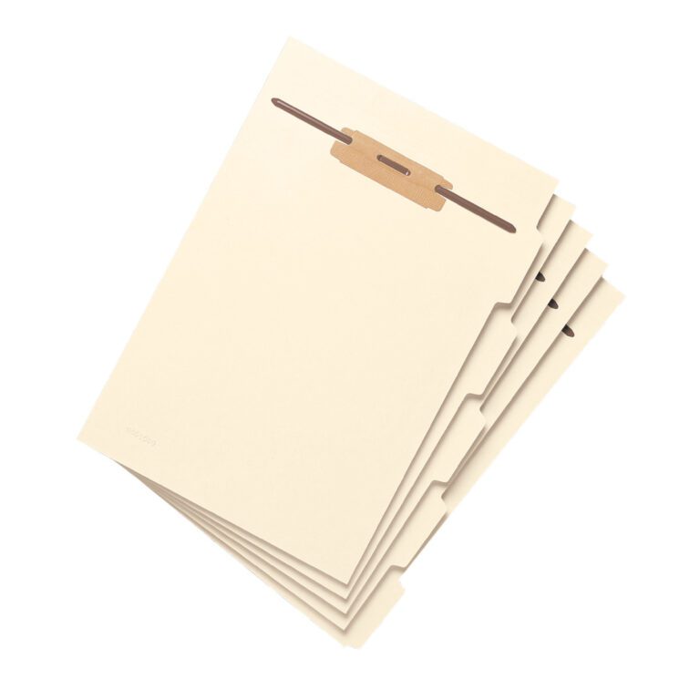 The Smead Folder Divider with Fastener (35605) features a stack of beige Manila, letter-sized folders with side 1/5-cut tabs for easy labeling. This pack of 50 offers a clean, minimal design ideal for organizing documents and is indispensable for office needs.