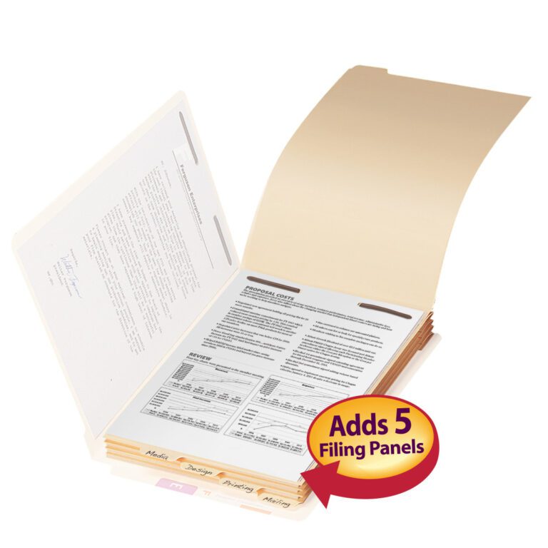 A Smead Folder Divider with Fastener, featuring a bottom 1/5-cut tab and labeled Adds 5 Filing Panels, organizes legal-size documents efficiently in manila folders.