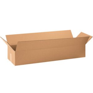 A long, rectangular cardboard box with open flaps reveals the interior of an MH-USA 36 x 10 x 6 Long Corrugated Box. The plain brown box, pictured on a white backdrop, comes in bundles of 25.