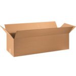 The MH-USA 36 x 12 x 10 Long Corrugated Boxes (15/Bundle) are shown as an open brown cardboard box with flaps extended outward against a plain white background. Ideal for diverse storage needs.