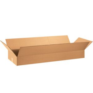 A long MH-USA 36 x 12 x 4 flat corrugated box with flaps extended outward, revealing its textured surface against a plain white background, highlighting its sturdy design.