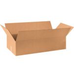 Displayed against a white background, an open MH-USA 36 x 21 x 10 Flat Wardrobe Box with four flaps and outward-angled sides is shown. The brown cardboard box is part of a bundle of ten.