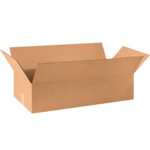Displayed against a white background, an open MH-USA 36 x 21 x 10 Flat Wardrobe Box with four flaps and outward-angled sides is shown. The brown cardboard box is part of a bundle of ten.