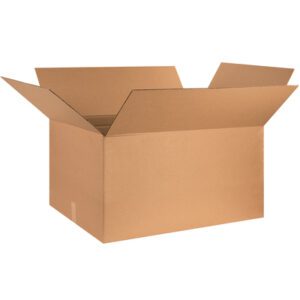 A MH-USA 36 x 21 x 20 flat wardrobe box, part of a 5-piece bundle, is open with flaps extended outward. It is made of brown corrugated cardboard and sits empty on a plain white background.