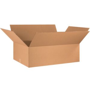 An open, empty MH-USA 36 x 24 x 10 corrugated box with flaps extended sits against a plain white background, demonstrating its robust design.