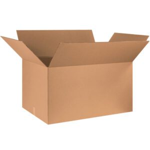 An open, empty MH-USA 36 x 24 x 20 corrugated box with outward extended flaps rests against a white background.