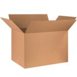 An open, empty MH-USA 36 x 24 x 24 Corrugated Box from a 5/Bundle, with flaps folded outward, sits against a plain white background, highlighting its sturdy design.
