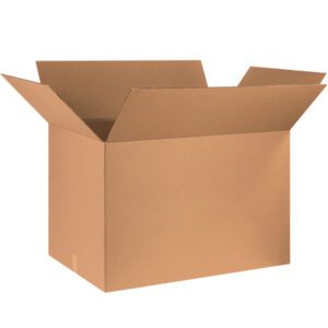 An open, empty MH-USA 36 x 24 x 24 Corrugated Box from a 5/Bundle, with flaps folded outward, sits against a plain white background, highlighting its sturdy design.