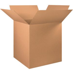 A large MH-USA 36 x 35 x 40 corrugated cardboard box with flaps open outward is on a white background.