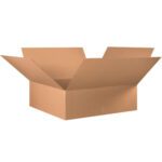 An empty MH-USA 36 x 36 x 12 corrugated box with extended flaps rests against a white background, showcasing its brown interior and sturdy texture. This roomy box is ideal for various packaging uses and comes in a convenient 10/Bundle.