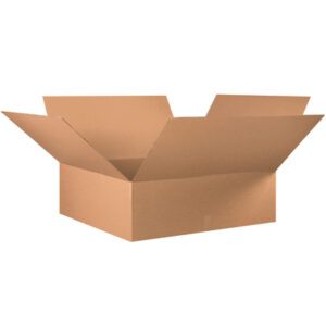 An empty MH-USA 36 x 36 x 12 corrugated box with extended flaps rests against a white background, showcasing its brown interior and sturdy texture. This roomy box is ideal for various packaging uses and comes in a convenient 10/Bundle.