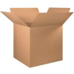 An open MH-USA 36 x 36 x 36 corrugated box from a bundle of five, with outward flaps, sits empty against a plain white background, highlighting its spacious design and sturdy construction.