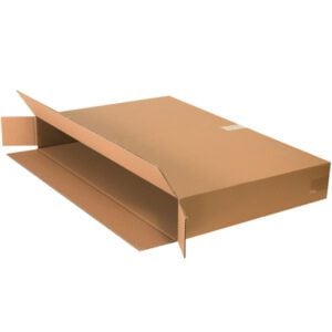A partially open, large, flat brown cardboard box resembling the MH-USA 36 x 5 x 24 Side Loading Boxes (20/Bundle) lies on its side against a white background.