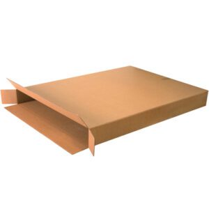 An open MH-USA 36 x 5 x 48 side-loading box from a 5/bundle set lies flat on a white background with outward-extended flaps, showcasing the typical brown hue of corrugated cardboard, ready for assembly.