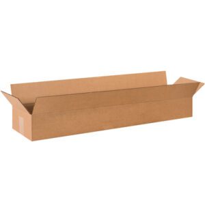 A long cardboard box with its flaps open resembles the MH-USA 36 x 8 x 4 Long Corrugated Boxes (25/Bundle). The empty box stands against a plain white background.