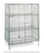 The Metro SEC56C Super Erecta Stationary Security Shelving Unit in chrome has a silver wire mesh, two intermediate shelves, four sturdy legs with a padlock loop, and measures 27.25 x 62.5 x 66.8125.