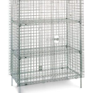 The Metro SEC56C Super Erecta Stationary Security Shelving Unit in chrome has a silver wire mesh, two intermediate shelves, four sturdy legs with a padlock loop, and measures 27.25 x 62.5 x 66.8125.