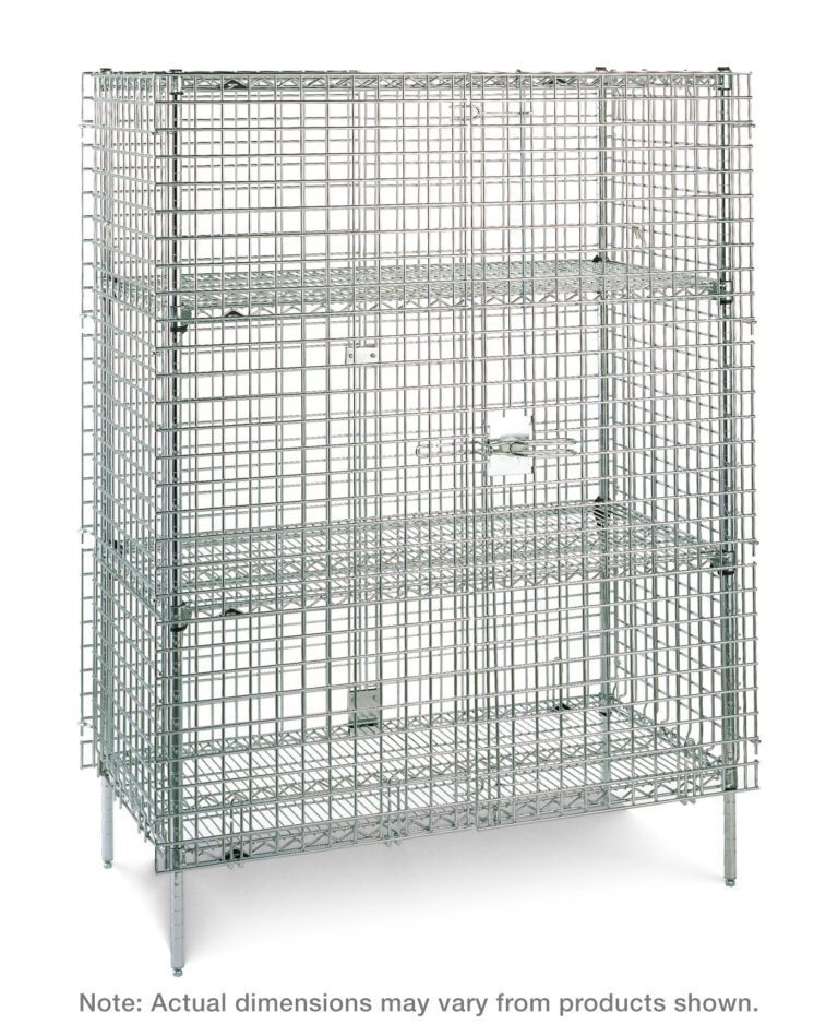 The Metro SEC56C Super Erecta Stationary Security Shelving Unit in chrome has a silver wire mesh, two intermediate shelves, four sturdy legs with a padlock loop, and measures 27.25 x 62.5 x 66.8125.