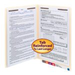 Open Smead End Tab Fastener File Folder (37115) in manila, with forms inside and a yellow sticker reading Tab Reinforced To Last Longer. Color-coded index tabs are at the bottom. It features reinforced straight-cut tabs and 2 fasteners; 50 per box.
