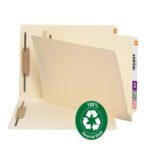The Smead End Tab 100% Recycled Fastener Folders have two fasteners, reinforced straight-cut tabs, and are Manila-colored. Featuring a green recycle symbol indicating 100% Recycled Stock, these folders are ideal for legal documents.