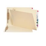 Two legal-size beige Smead End Tab Fastener File Folders with reinforced straight-cut tabs and two fasteners. One folder is slightly open, showing dividers with labeled tabs for organization. Ideal for efficient file management.