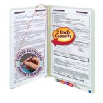 A Smead End Tab Pressboard Fastener File Folder with SafeSHIELD? fastener, showcasing documents inside, has an overlay reading Coated Fasteners Protect Fingers and is touched by a hand. A red bubble indicates 2 Inch Capacity, tabs at the bottom, and it comes in Gray/Green (37715).