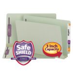 Explore the Smead End Tab Pressboard Fastener File Folder with SafeSHIELD? Fastener, Legal size, in Gray/Green (37725). It features a 3-inch expansion, two metal fasteners, and color-coded tabs for efficient organization.