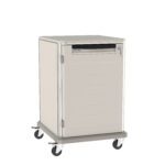 White rolling medical cart with a single drawer and cabinet below. It has four caster wheels for mobility and a sleek, minimalist design.