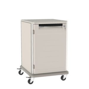 White rolling medical cart with a single drawer and cabinet below. It has four caster wheels for mobility and a sleek, minimalist design.