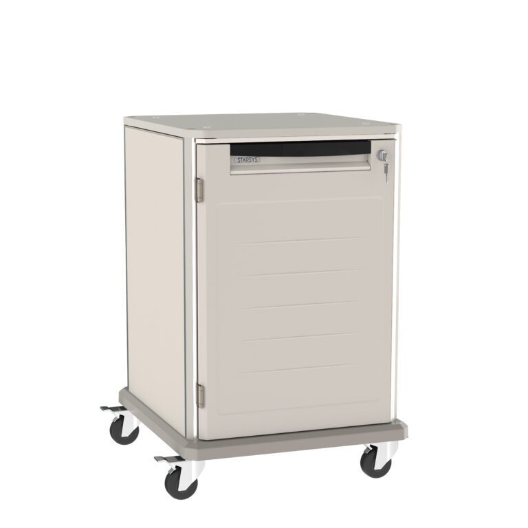 White rolling medical cart with a single drawer and cabinet below. It has four caster wheels for mobility and a sleek, minimalist design.
