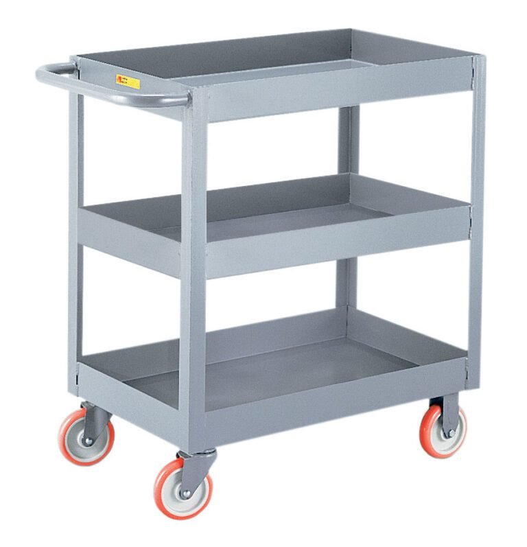 The gray utility cart, similar to the Little Giant 3-Inch Deep Shelf Truck, features a sturdy handle and red casters. Each of its three tiers has raised edges to keep items secure.