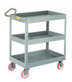 The gray utility cart resembles the Little Giant 3-Inch Deep Shelf Truck with Ergonomic Handle, featuring red wheels. Made of metal, it has three tiers, including two shelves beneath the top surface for convenient storage.