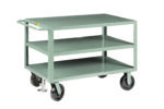 The Little Giant Extra-Heavy Duty Shelf Truck - Enhanced 2016 Model is a gray metal utility cart with three shelves, four black wheels including a lockable front wheel, and a handlebar for easy maneuvering.