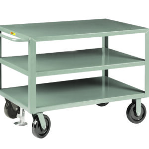 The Little Giant Extra-Heavy Duty Shelf Truck - Enhanced 2016 Model is a gray metal utility cart with three shelves, four black wheels including a lockable front wheel, and a handlebar for easy maneuvering.
